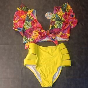 NWT. Vibrant High Waisted Floral Bikini Set - Yellow and Multicolor